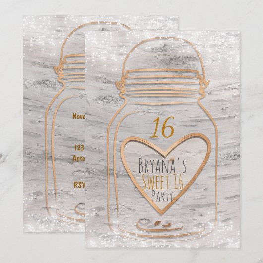 Heart Mason Jar & Lights Birch Sweet 16 Uitnodigin Kaart (Voorkant / Achterkant)