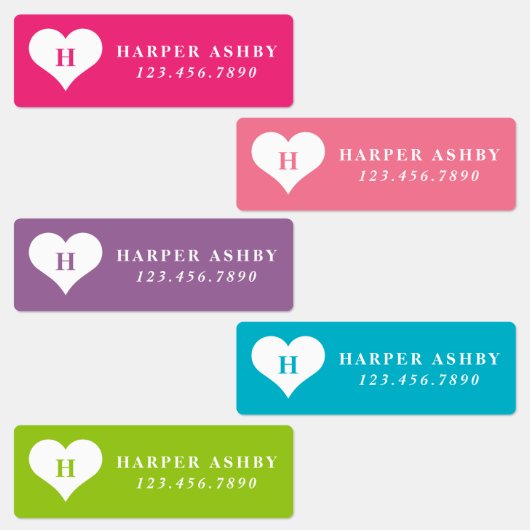 Heart Monogram Colorful Waterbestendige Naam Labels (Groep)