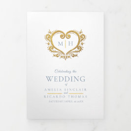 Heart monogram foto gouddusty blue bruiloft drieluik programma