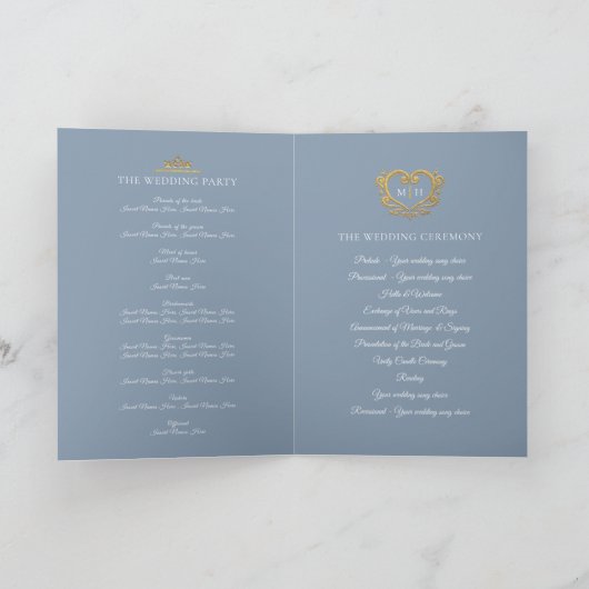 Heart monogram foto gouden grijze blauwe bruiloft programma (Binnen)