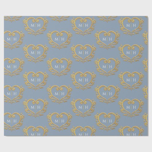 Heart monogram goud op stoffige blauwe bruiloft cadeaupapier (Vlak)
