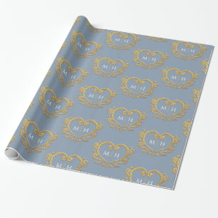 Heart monogram goud op stoffige blauwe bruiloft cadeaupapier