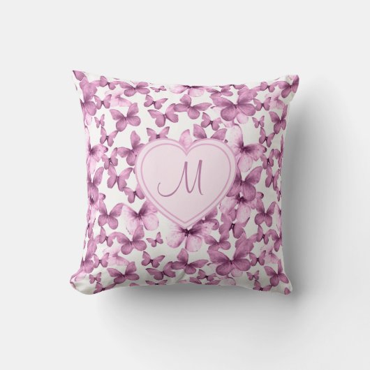 Heart Monogram Pink Butterfly Kussen (Voorkant)