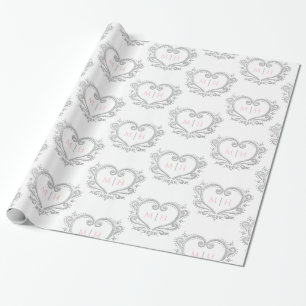 Heart monogram zilveren witte roze initialen bruil cadeaupapier