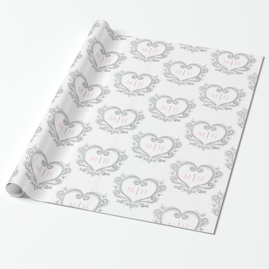 Heart monogram zilveren witte roze initialen bruil cadeaupapier (Uitgerold)