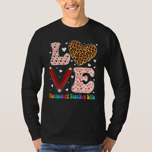 Heart Montessori Teacher Life Leopard Plaid Valent T-shirt (Voorkant)