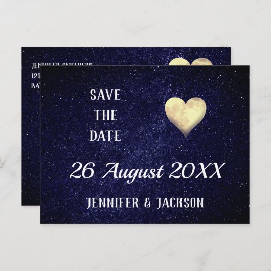 Heart Moon Night Sky Save the Date Uitnodiging Briefkaart (Voorkant / Achterkant)