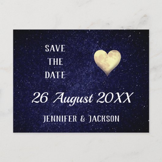 Heart Moon Night Sky Save the Date Uitnodiging Briefkaart (Voorkant)