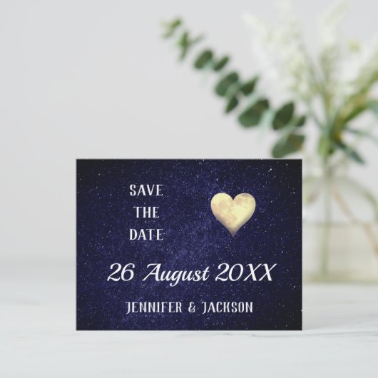 Heart Moon Night Sky Save the Date Uitnodiging Briefkaart (Staand voorkant)