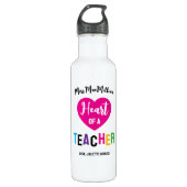 Heart of a Teacher Gift Pink Black Script Waterfles (Voorkant)