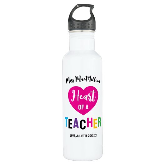 Heart of a Teacher Gift Pink Black Script Waterfles (Voorkant)