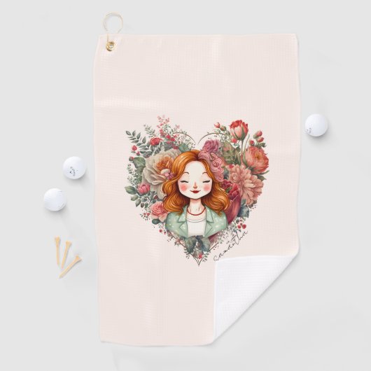 Heart of Blooms - Vrouw ingelijst in Bloemen Hart Golfhanddoek (Insitu)