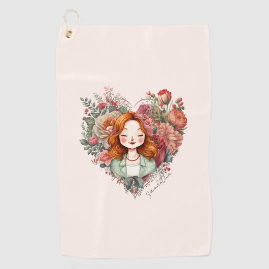 Heart of Blooms - Vrouw ingelijst in Bloemen Hart Golfhanddoek (Voorkant)
