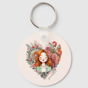 Heart of Blooms - Vrouw ingelijst in Bloemen Hart Sleutelhanger