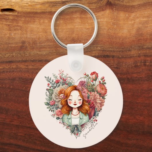 Heart of Blooms - Vrouw ingelijst in Bloemen Hart Sleutelhanger (Voorkant)