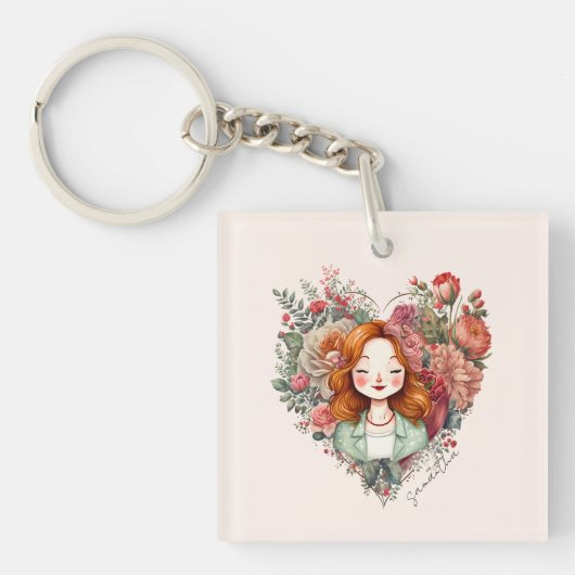 Heart of Blooms - Vrouw ingelijst in Bloemen Hart Sleutelhanger (Voorkant)