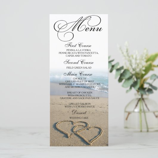 Heart On The Shore Beach Wedding Dinner Menu Kaart (Staand voorkant)