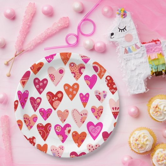 Heart Pattern Red Roze Papieren Bordje (Feest)