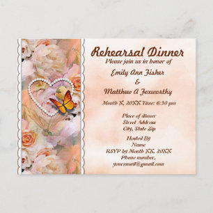Heart Pearls, Rozen & Butterflies Rehearsal Dinner Uitnodiging Briefkaart