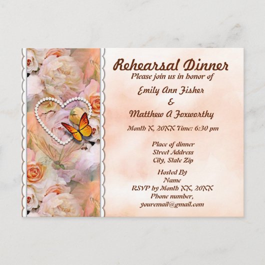Heart Pearls, Rozen & Butterflies Rehearsal Dinner Uitnodiging Briefkaart (Voorkant)