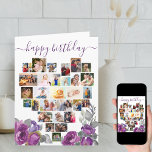 Heart Photo Collage Paars Floral Birthday Card Kaart<br><div class="desc">Zeg Happy Birthday tegen een speciale dame met een liefdeshartenfotocollage met paarse bloemen. Het fotomalplaatje is opstelling voor u om uw afbeeldingen toe te voegen, werkend in rijen van boven tot onder. De fotocollage bevat 29 foto's die worden weergegeven in een combinatie van portret, landschap en vierkante/instagram-indelingen. De "gelukkige verjaardag"wordt...</div>