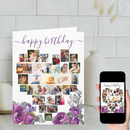 Heart Photo Collage Paars Floral Birthday Card Kaart