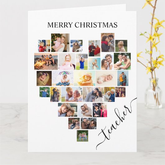 Heart Photo Collage Teacher Script Holiday Kaart (Gele Bloem)