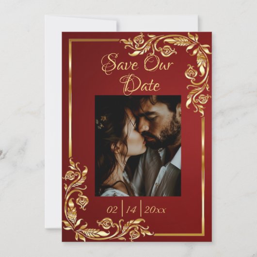 Heart, Photo & Gold Frame on Ruby Red Save The Date (Voorkant)
