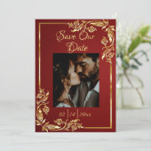 Heart, Photo & Gold Frame on Ruby Red Save The Date (Staand voorkant)