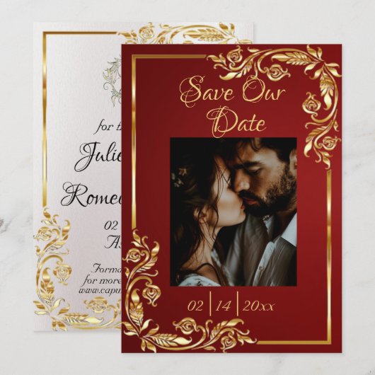 Heart, Photo & Gold Frame on Ruby Red Save The Date (Voorkant / Achterkant)