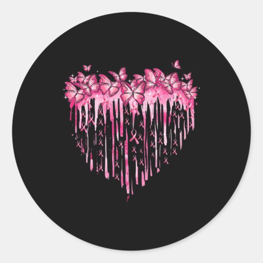 Heart Pink Ribbon Butterflies Breast Cancer Awaren Ronde Sticker (Voorkant)