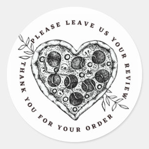 Heart Pizza Black en White Verlof Review Dank je Ronde Sticker