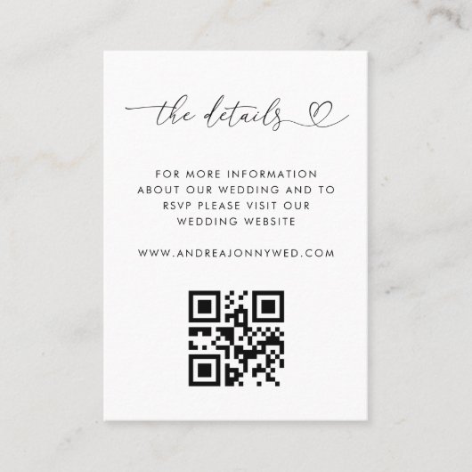 Heart QR Code Details Wedding Enclosure Cards Visitekaartje (Voorkant)