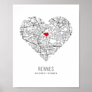Heart Rennes City Map (Frankrijk) Poster