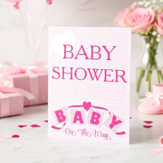 Heart Ribbon Bright Pink Baby Shower Invitation Kaart