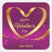 Heart Ribbon Gold Happy Valentijnsdag Paars Vierkante Sticker (Voorkant)