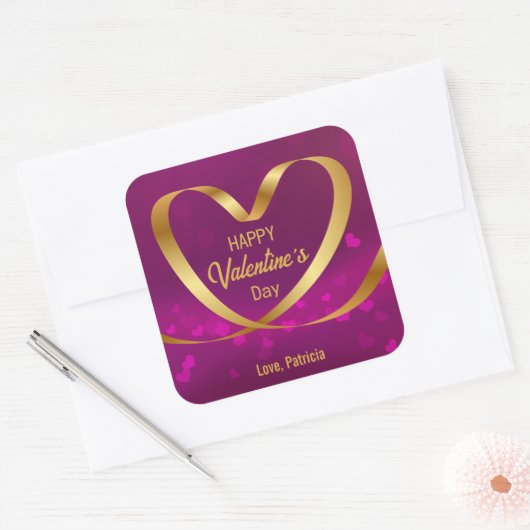 Heart Ribbon Gold Happy Valentijnsdag Paars Vierkante Sticker (Envelop)
