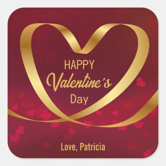 Heart Ribbon Gold Happy Valentine's Day Red Vierkante Sticker (Voorkant)