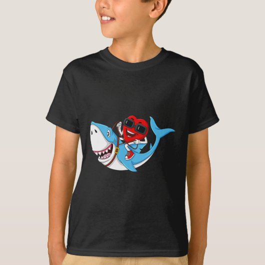 Heart Riding Shark Valentijnsdag Fun Boys Meisjes T-shirt (Voorkant)
