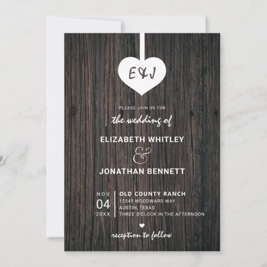 Heart Rustic Wood Wedding Kaart (Voorkant)