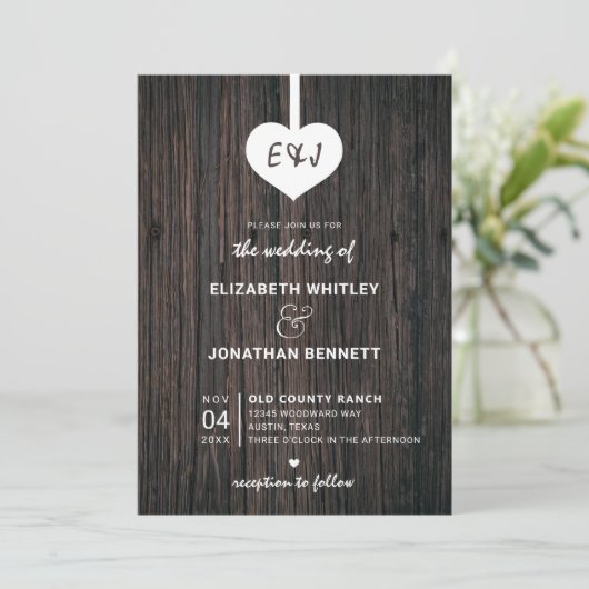 Heart Rustic Wood Wedding Kaart (Staand voorkant)