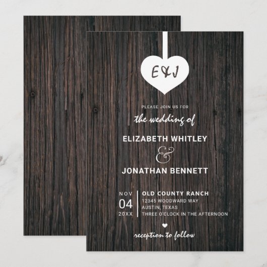 Heart Rustic Wood Wedding Kaart (Voorkant / Achterkant)