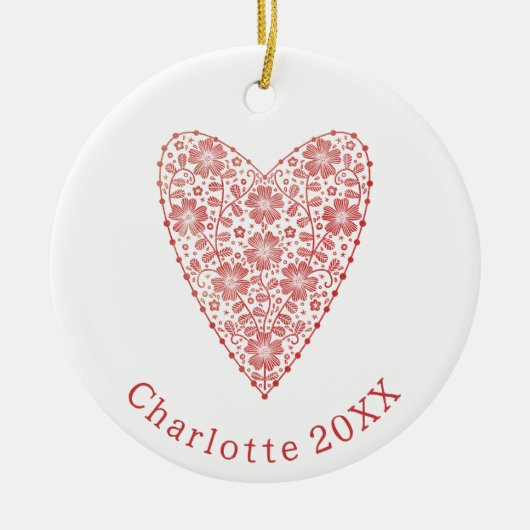 Heart Scandinavian Red White, gepersonaliseerd Keramisch Ornament (Voorkant)