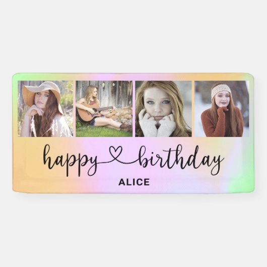 Heart Script 4 Photo Holographic Birthday Banner (Horizontaal)
