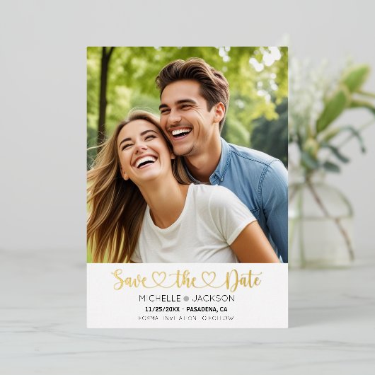 Heart Script Custom Photo Save the Date Folie Uitnodiging (Staand Voorkant)