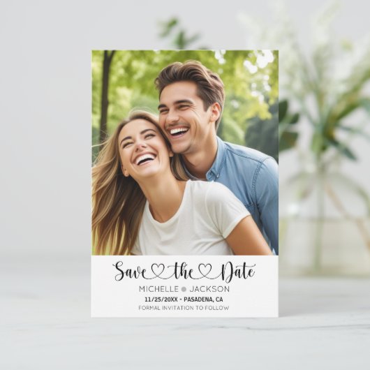 Heart Script Custom Photo Save the Date Invitation Kaart (Staand voorkant)