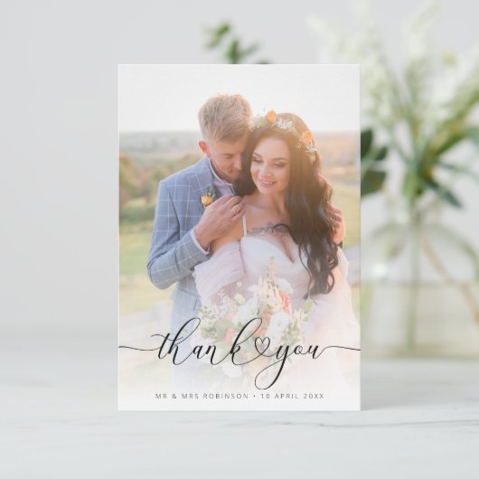 heart script elegant wedding photo thank you bedankkaart (Staand voorkant)