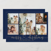 Heart Script Gold Blue Merry 5 Foto Feestdagenkaart (Voorkant / Achterkant)