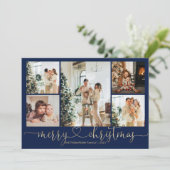 Heart Script Gold Blue Merry 5 Foto Feestdagenkaart (Staand voorkant)