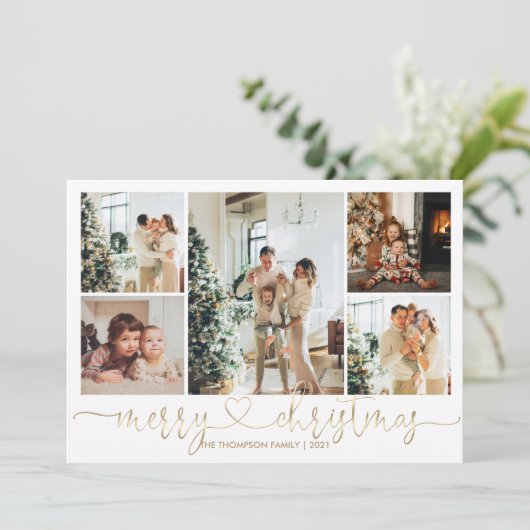 Heart Script Gold Kerst 5 Foto Feestdagenkaart (Staand voorkant)